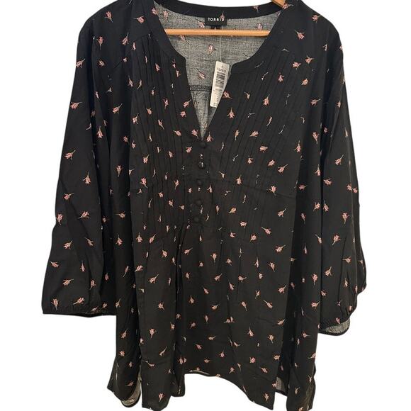 Torrid Black Floral Pleated V-Neck Blouse 3/4 Sleeve Washable Challis 4X - Picture 1 of 8
